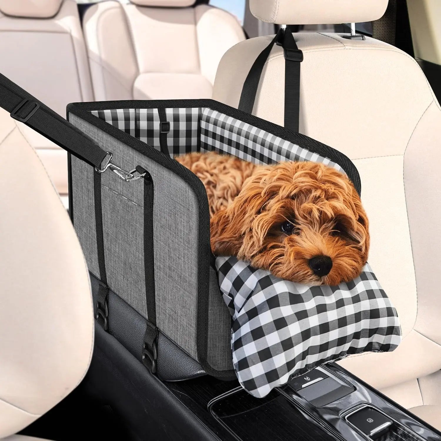 Premium Center Mount Car Pet Booster Seat for Small Cats & Dogs (Under 11 Lbs) - Car Accessories, Anti-Collapse Carrier Bag, Elevated Design, Plush Mat, Secure Safety Tether, Plaid Pattern, Safety Restraint, Cars Accessories