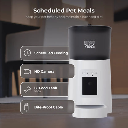 Penthouse Paws Smart HD Pet Feeder, 6L Dry Food Capacity, 1080P Camera, 2-Way Audio, Scheduled Meals, Backup Power, Easy to Clean, Anti-Jam Design for Cat & Dog, Black