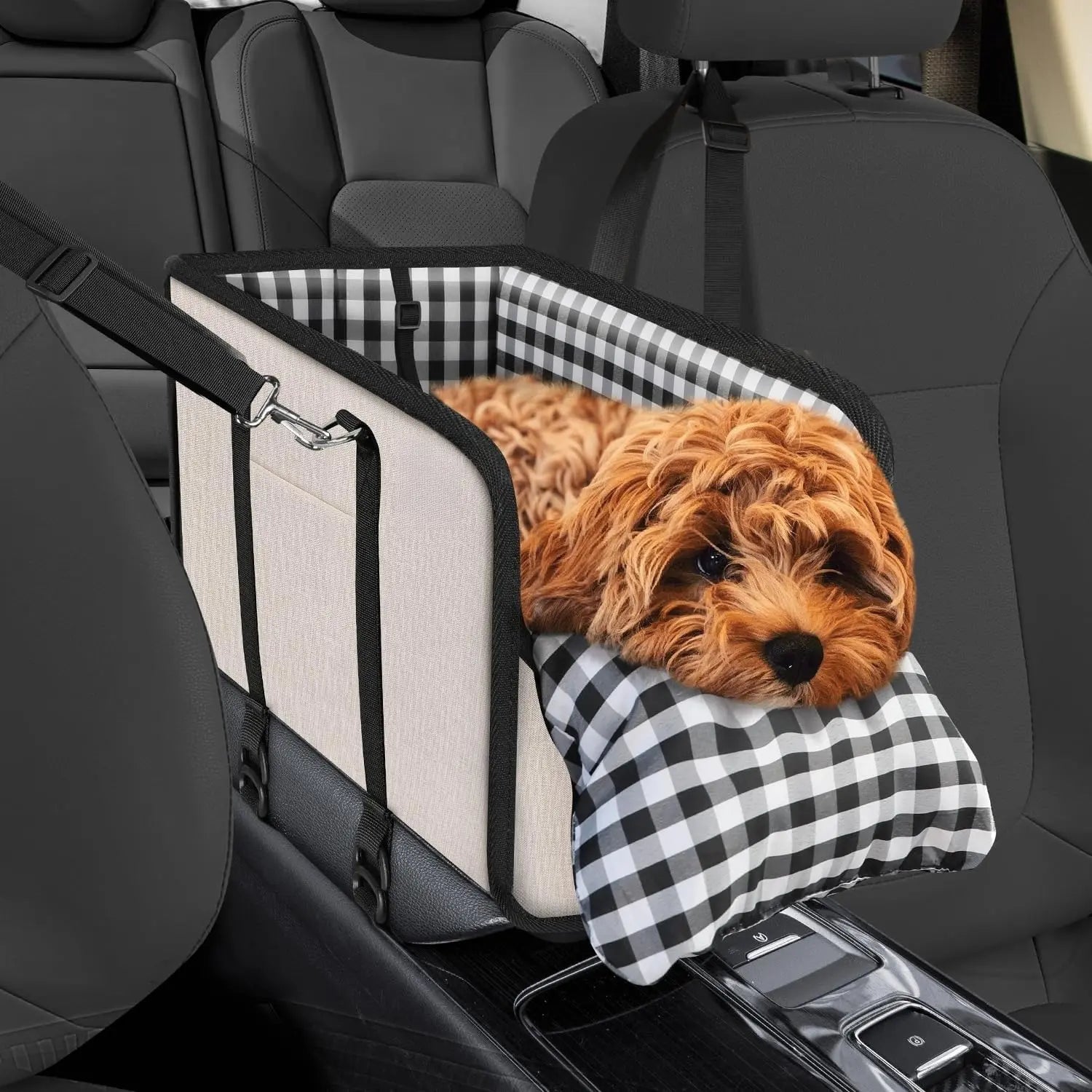 Premium Center Mount Car Pet Booster Seat for Small Cats & Dogs (Under 11 Lbs) - Car Accessories, Anti-Collapse Carrier Bag, Elevated Design, Plush Mat, Secure Safety Tether, Plaid Pattern, Safety Restraint, Cars Accessories