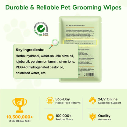 Dog & Cat Cleaning Glove Wipes, No-Rinse Grooming Wipes for Paws, Coat and Everyday Cleanup, Extra-Thick Individually Wrapped Pet Wipes for Home and Travel