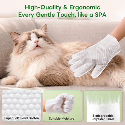 Dog & Cat Cleaning Glove Wipes, No-Rinse Grooming Wipes for Paws, Coat and Everyday Cleanup, Extra-Thick Individually Wrapped Pet Wipes for Home and Travel