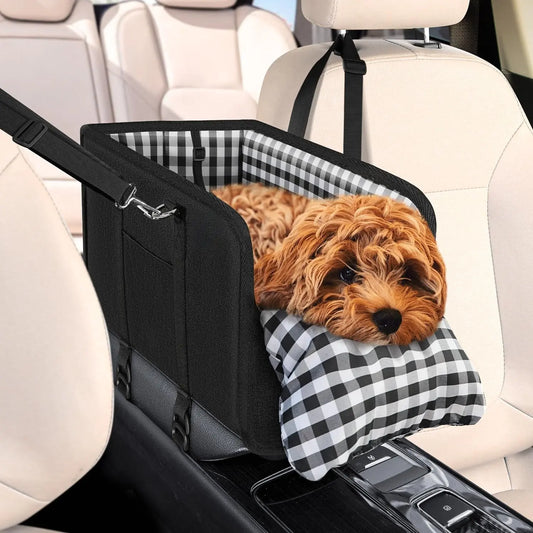 Premium Center Mount Car Pet Booster Seat for Small Cats & Dogs (Under 11 Lbs) - Car Accessories, Anti-Collapse Carrier Bag, Elevated Design, Plush Mat, Secure Safety Tether, Plaid Pattern, Safety Restraint, Cars Accessories