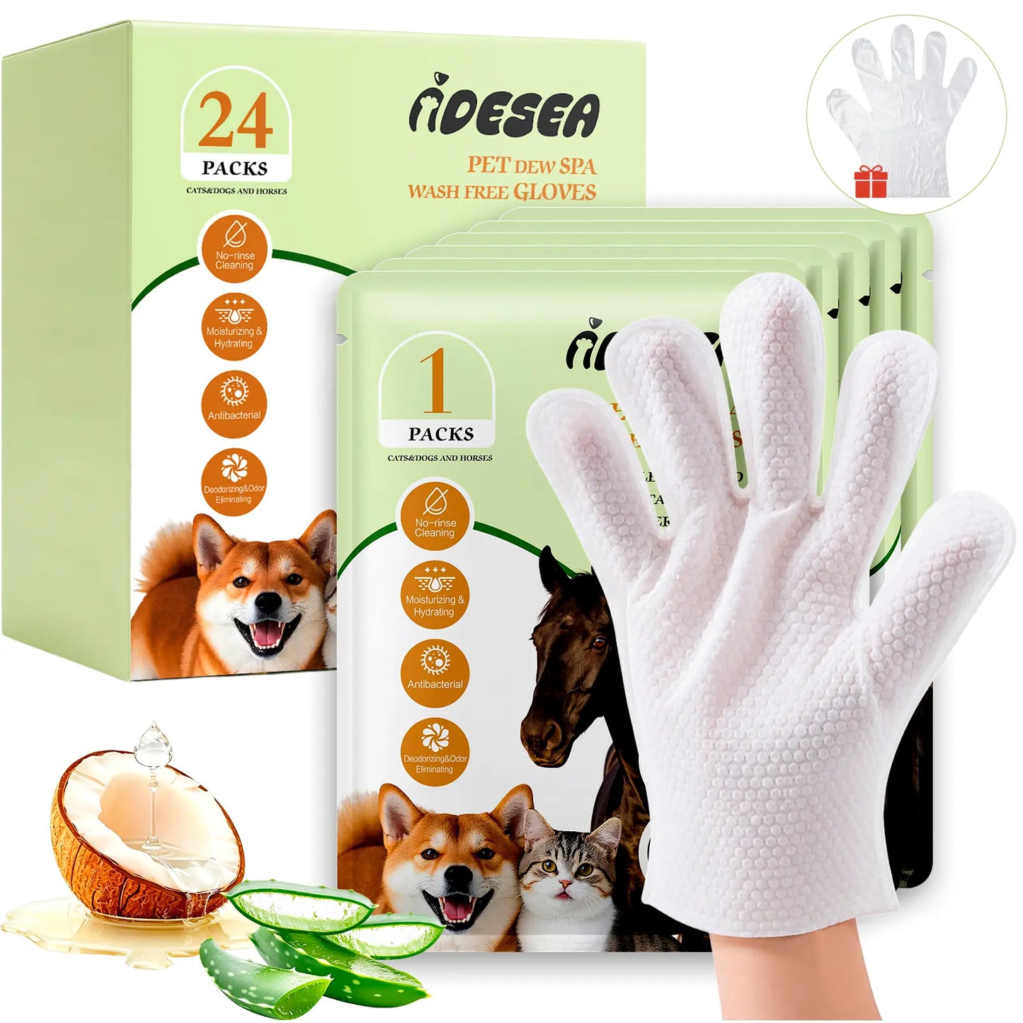 Dog & Cat Cleaning Glove Wipes, No-Rinse Grooming Wipes for Paws, Coat and Everyday Cleanup, Extra-Thick Individually Wrapped Pet Wipes for Home and Travel