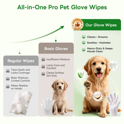 Dog & Cat Cleaning Glove Wipes, No-Rinse Grooming Wipes for Paws, Coat and Everyday Cleanup, Extra-Thick Individually Wrapped Pet Wipes for Home and Travel