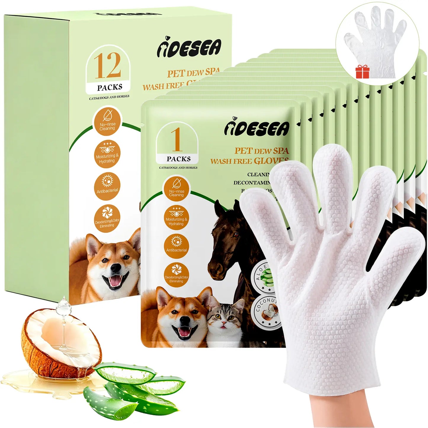 Dog & Cat Cleaning Glove Wipes, No-Rinse Grooming Wipes for Paws, Coat and Everyday Cleanup, Extra-Thick Individually Wrapped Pet Wipes for Home and Travel