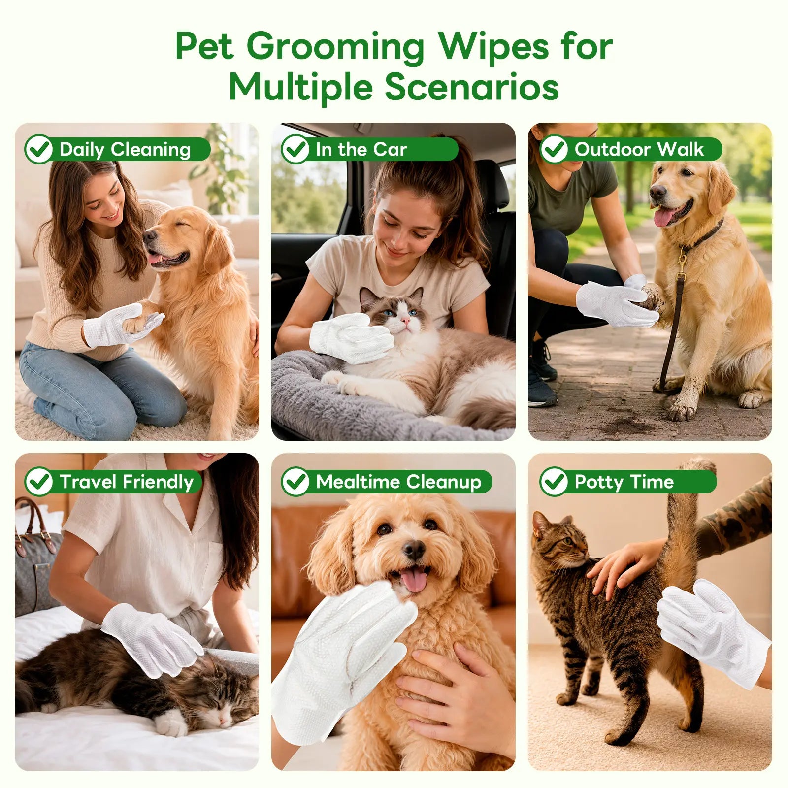Dog & Cat Cleaning Glove Wipes, No-Rinse Grooming Wipes for Paws, Coat and Everyday Cleanup, Extra-Thick Individually Wrapped Pet Wipes for Home and Travel